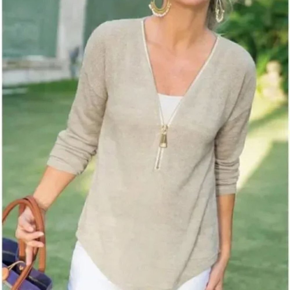 Soft Surroundings Valentina Zip Sweater - Stone - 2X